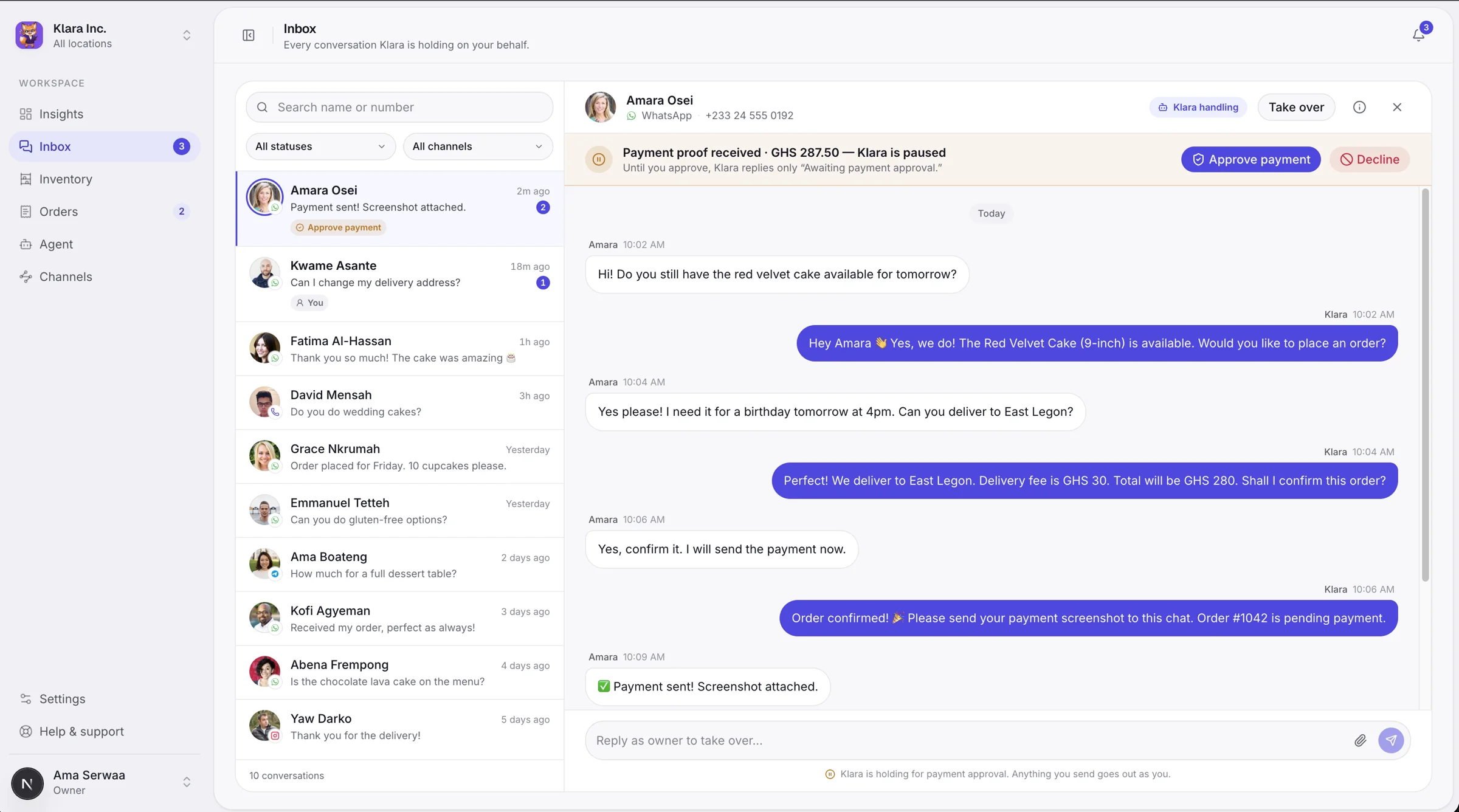 The Klara inbox: a WhatsApp conversation where Klara has taken an order and paused for the owner to approve the payment.