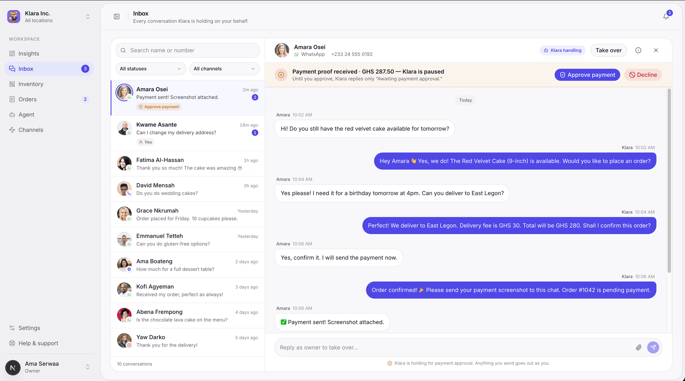 The Klara inbox: a WhatsApp conversation where Klara has taken an order and paused for the owner to approve the payment.