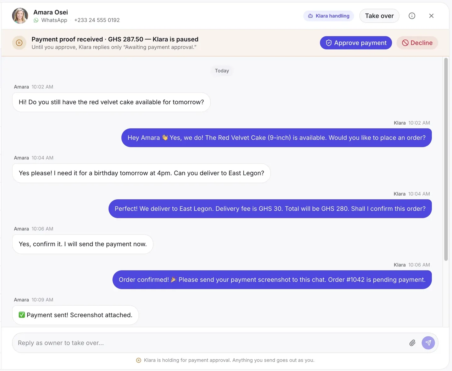 The Klara inbox: a WhatsApp conversation where Klara has taken an order and paused for the owner to approve the payment.