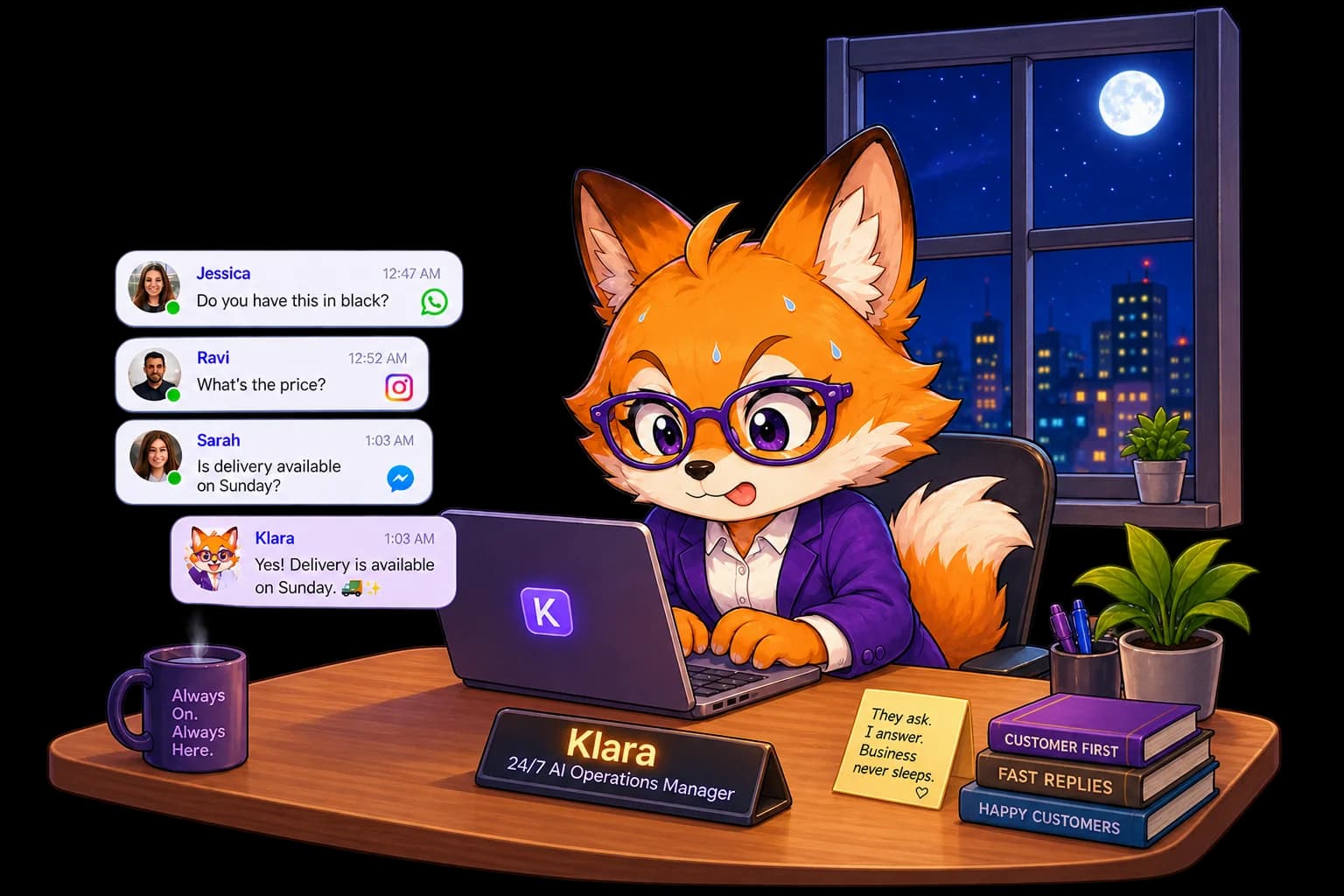 Klara working at her desk late at night, answering customer messages on WhatsApp, Instagram, and Messenger