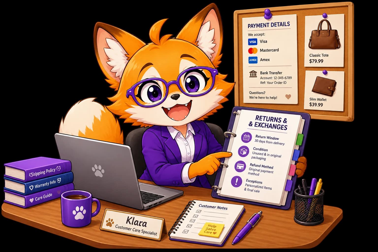 Klara at her desk with returns and exchange policies, product catalogue, payment details, and shipping guides — answering from what the shop has taught her