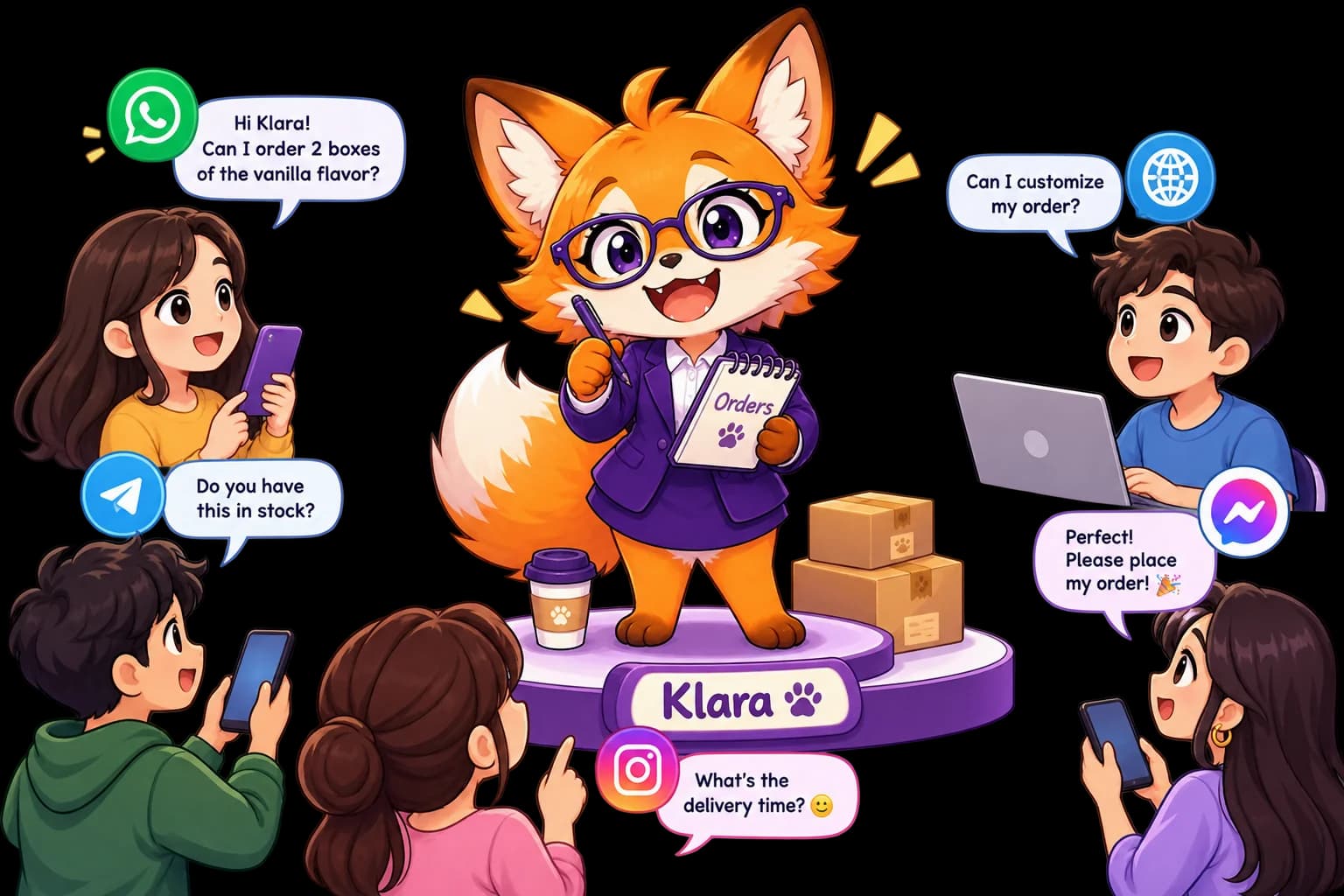 Klara turning a customer conversation into a written order — items, delivery address, and payment held until the shop owner approves