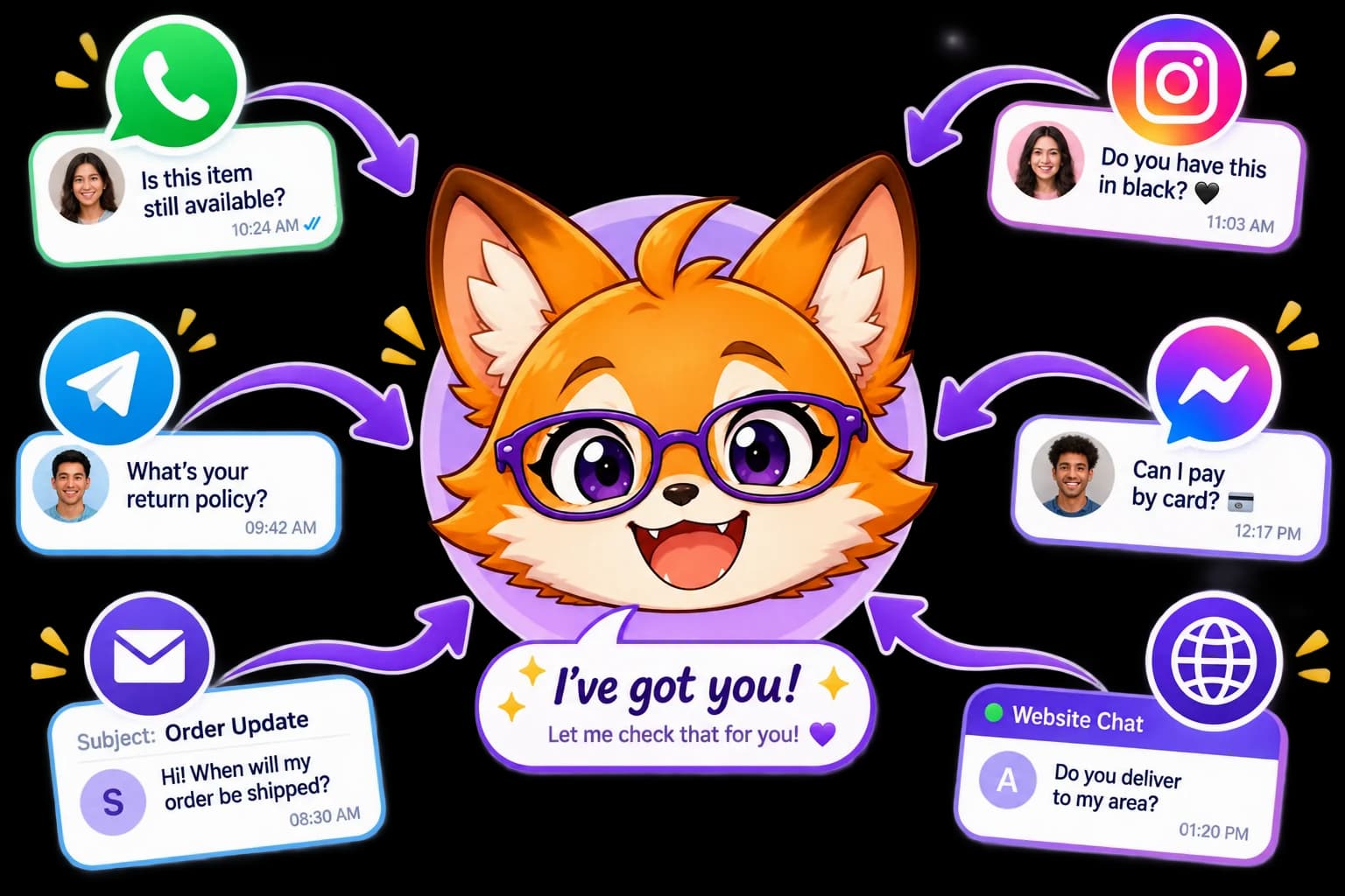 Klara at a unified inbox desk answering customer messages from WhatsApp, Telegram, Instagram, and Messenger — one Klara across every channel