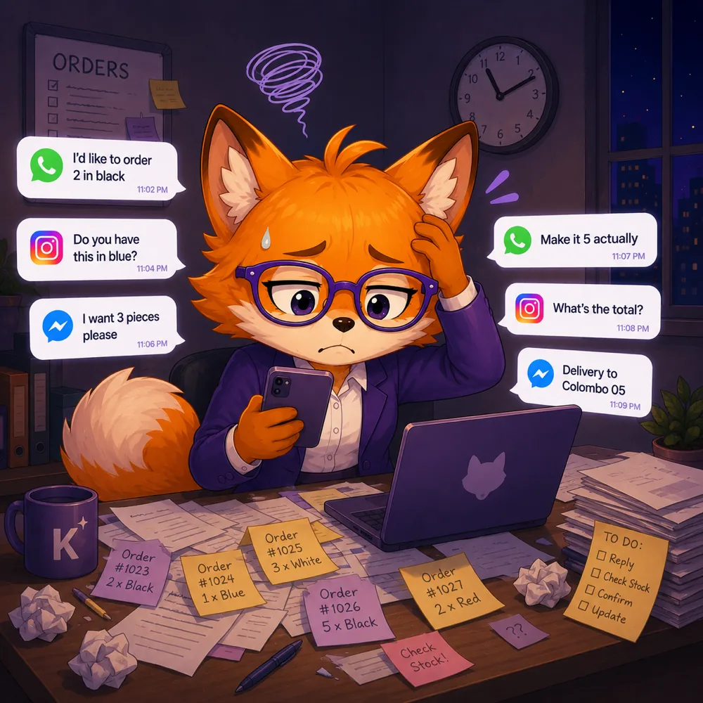 Orders copied out of chat threads onto a desk covered in sticky notes and paper, with customers still changing quantities mid-conversation.
