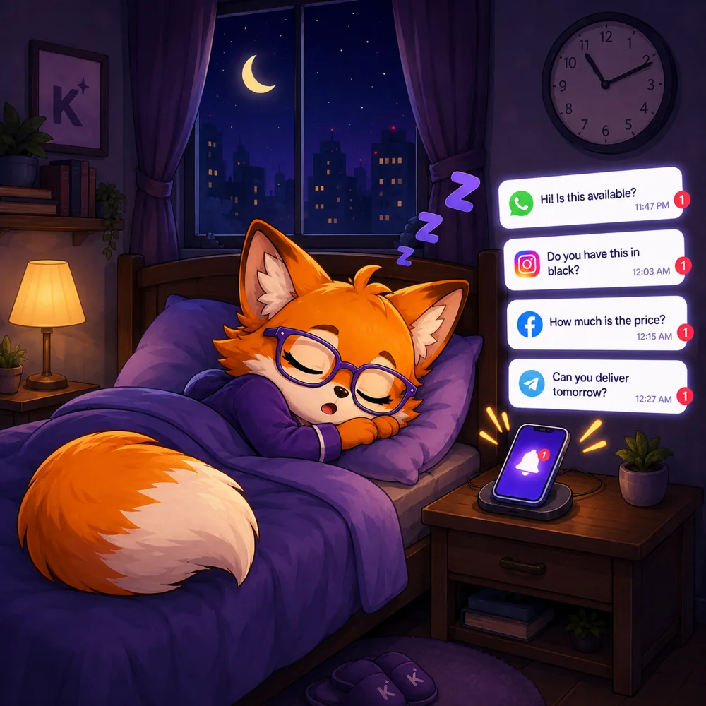 A business owner asleep past midnight while WhatsApp, Instagram, Facebook and Telegram questions pile up unanswered on the phone beside the bed.