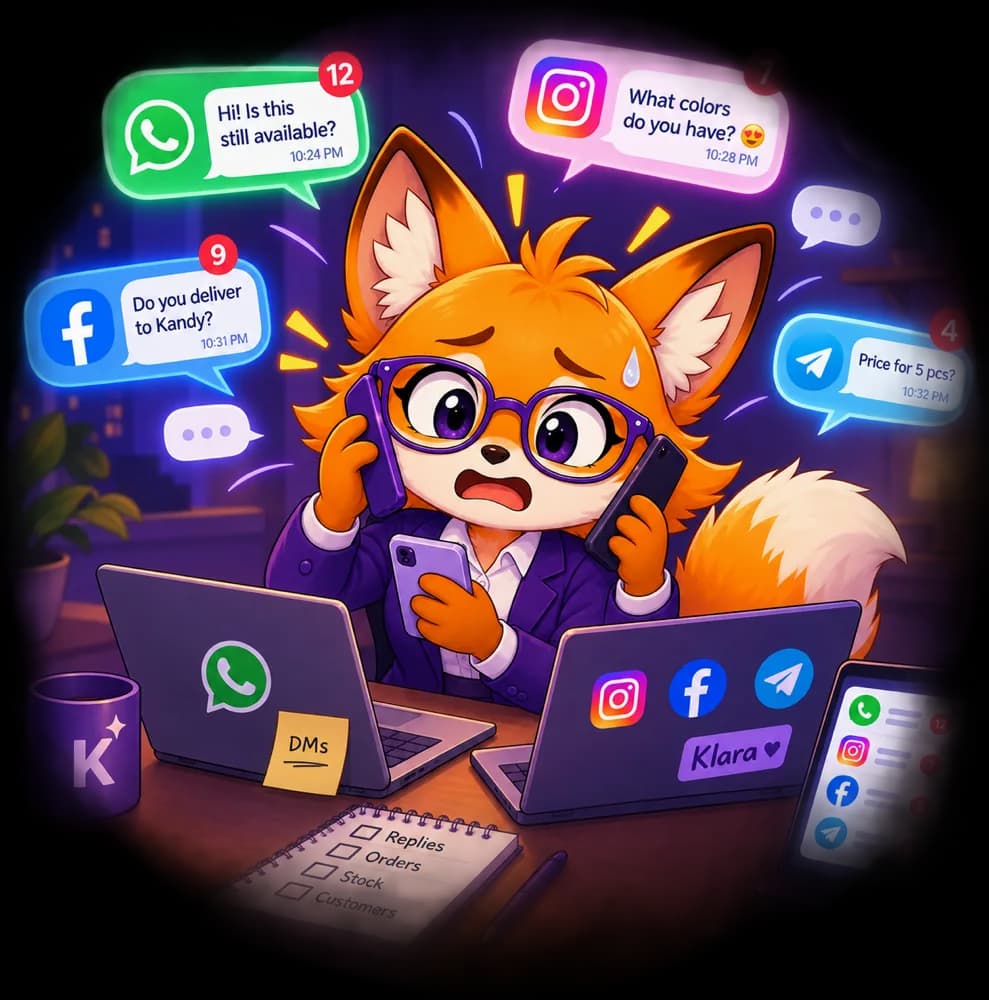 One owner holding three phones across two laptops, trying to keep WhatsApp, Instagram, Facebook and Telegram answered at the same time.